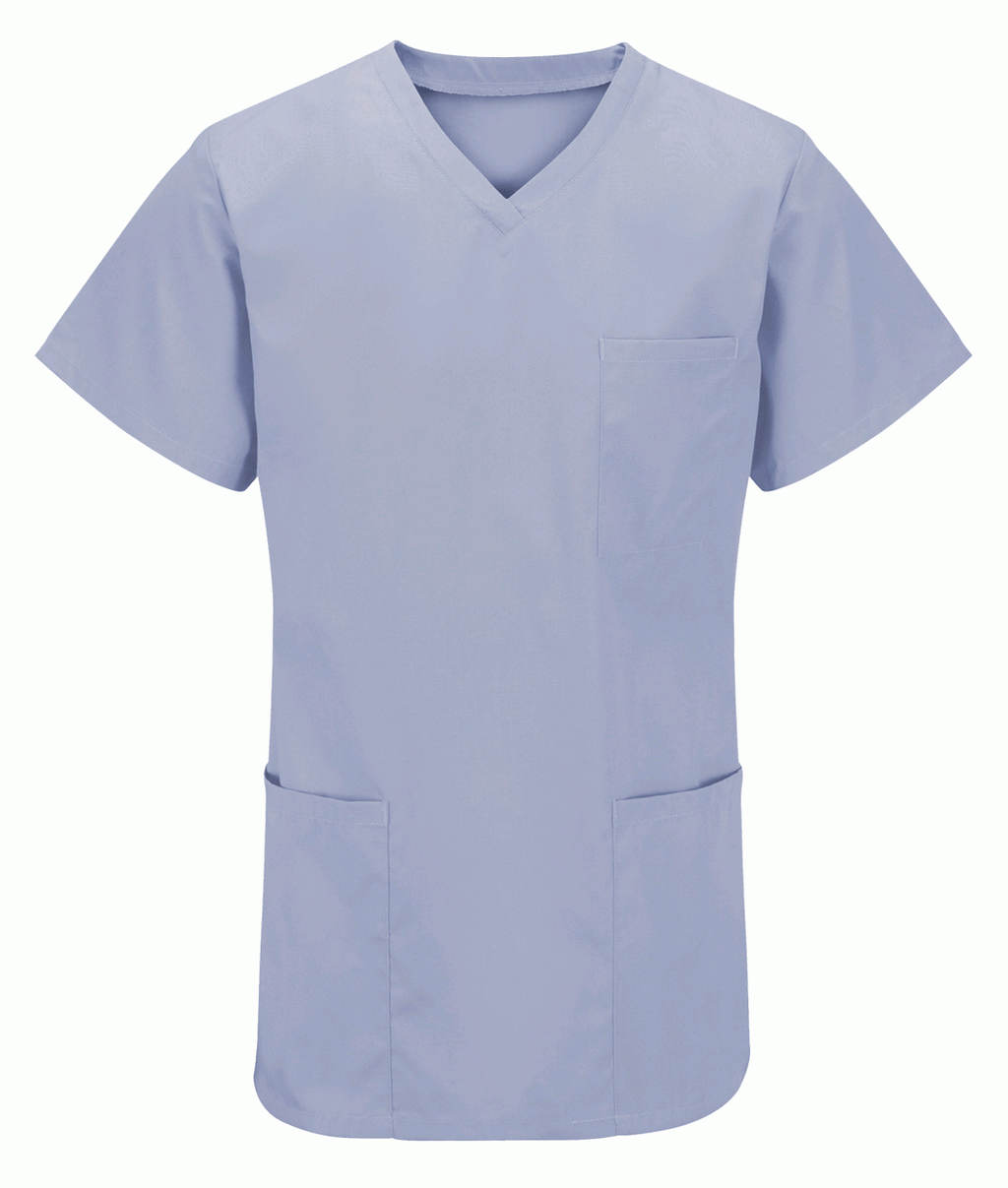 Unisex Scrub Top 65% polyester 35% cotton V-neck short sleeves 1 breast pocket 2 hip patch pockets Sky blue