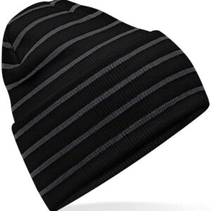 Beechfield Original Deep Cuffed Striped Beanie | Black/Graphite Grey