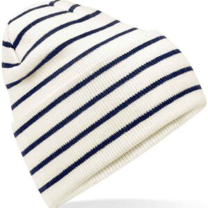 Beechfield Original Deep Cuffed Striped Beanie | Soft White/French Navy
