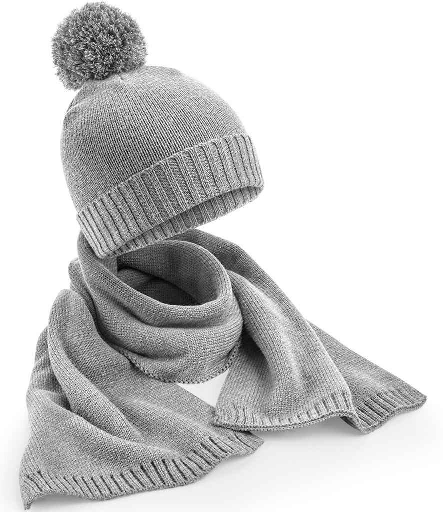Beechfield Knitted Scarf and Beanie Gift Set | Light Grey Fleck