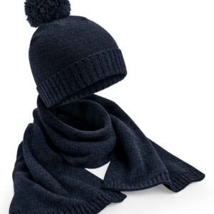 Beechfield Knitted Scarf and Beanie Gift Set | Navy Fleck