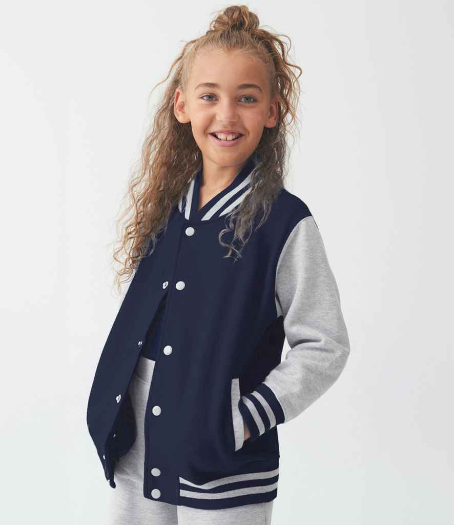 AWDis Kids Varsity Jacket | Oxford Navy/Heather Grey - Image 2