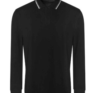 AWDis Long Sleeve Tipped 100 Polo Shirt | Deep Black/White