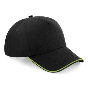 Beechfield Authentic Piped 5 Panel Cap | Black/Lime Green