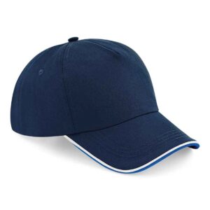 Beechfield Authentic Piped 5 Panel Cap | French Navy/Bright Royal/White