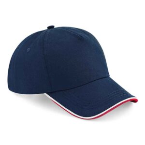 Beechfield Authentic Piped 5 Panel Cap | French Navy/Classic Red/White