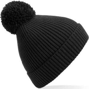 Beechfield Engineered Knit Ribbed Pom Pom Beanie | Black