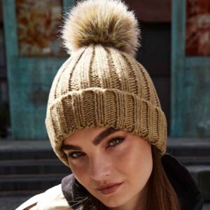 Beechfield Faux Fur Pop Pom Chunky Beanie | Biscuit