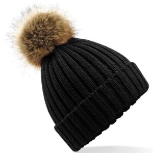 Beechfield Faux Fur Pop Pom Chunky Beanie | Black