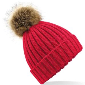 Beechfield Faux Fur Pop Pom Chunky Beanie | Classic Red