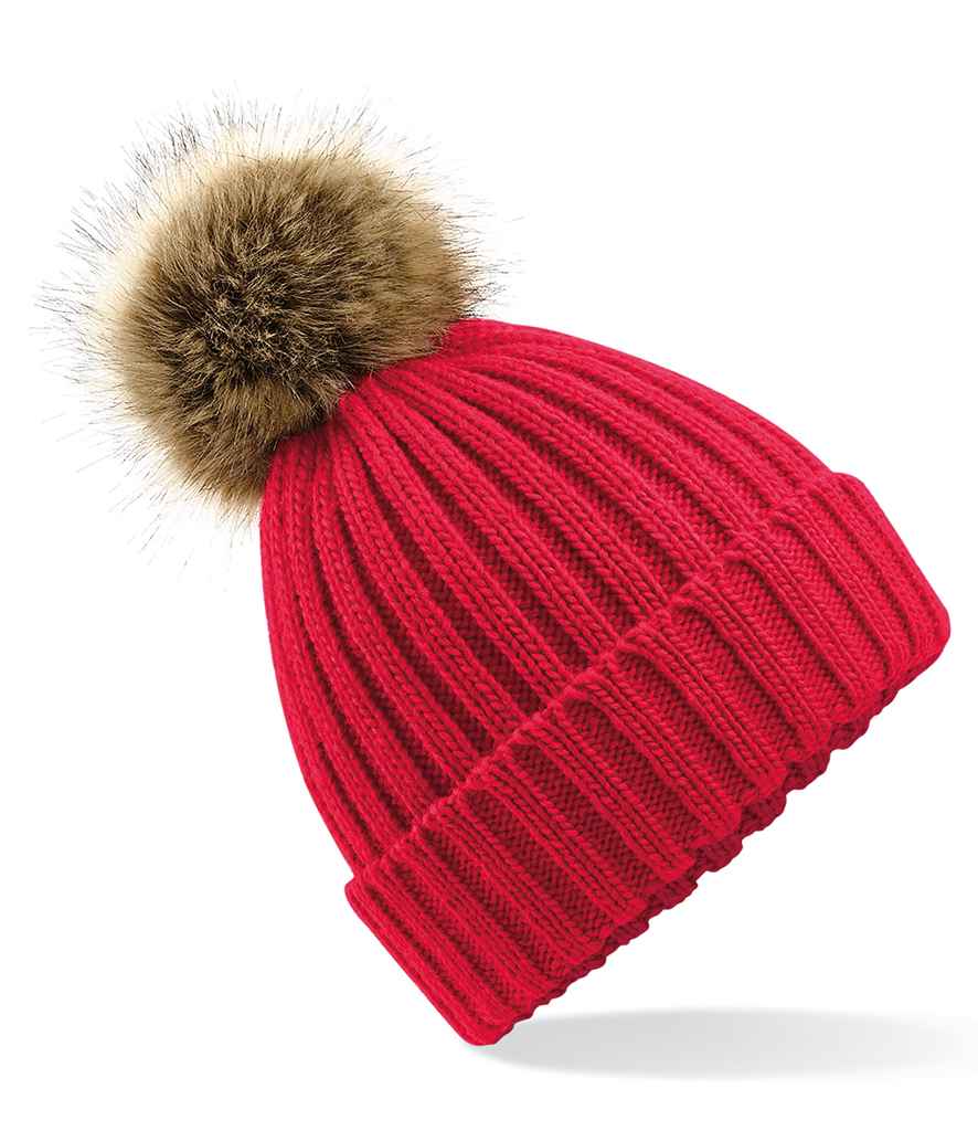 Beechfield Faux Fur Pop Pom Chunky Beanie | Classic Red