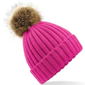 Beechfield Faux Fur Pop Pom Chunky Beanie | Fuchsia