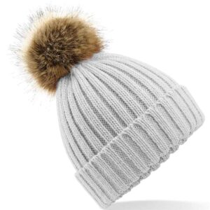 Beechfield Faux Fur Pop Pom Chunky Beanie | Light Grey
