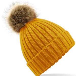 Beechfield Faux Fur Pop Pom Chunky Beanie | Mustard