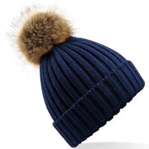 Beechfield Faux Fur Pop Pom Chunky Beanie | Navy