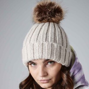 Beechfield Faux Fur Pop Pom Chunky Beanie | Oatmeal