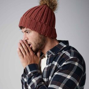 Beechfield Faux Fur Pop Pom Chunky Beanie | Orange Rust
