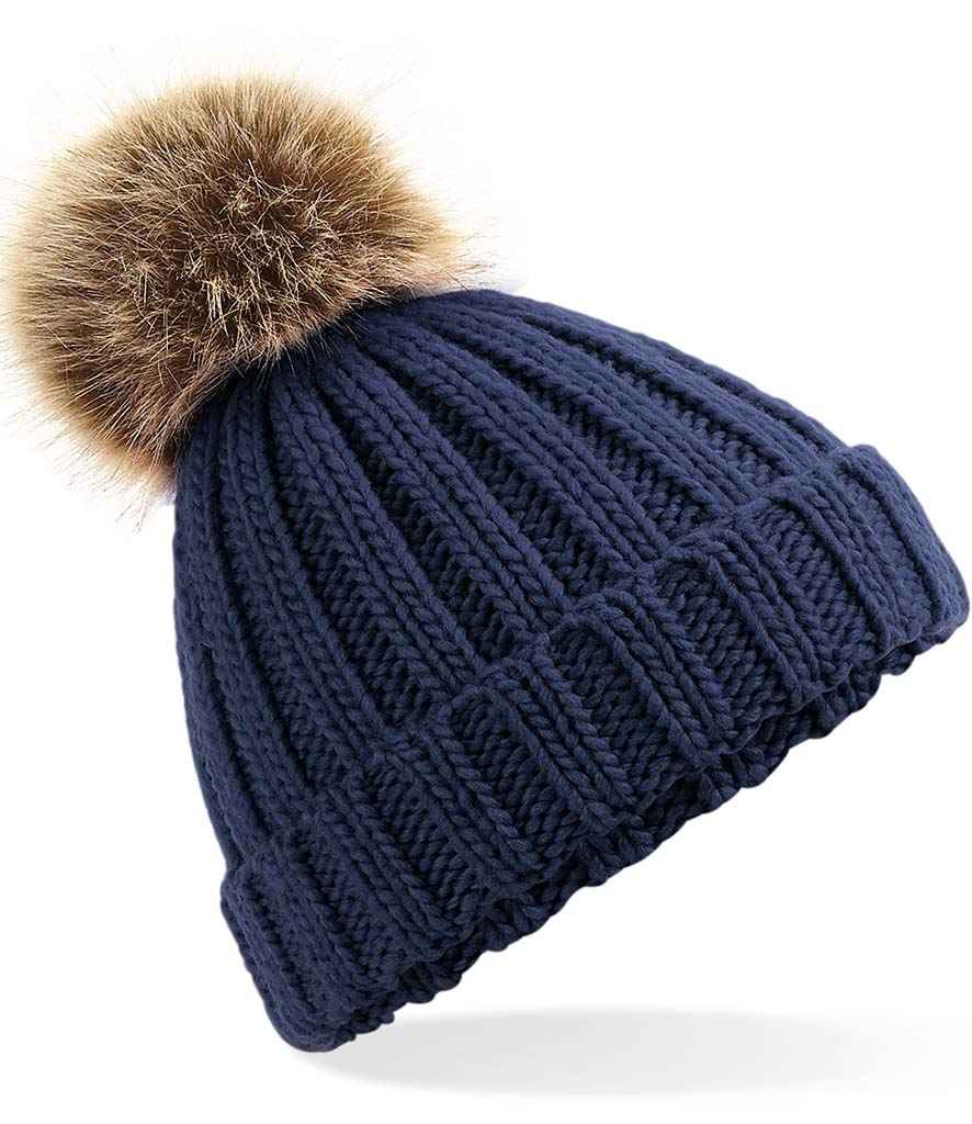 Beechfield Junior Faux Fur Pom Pom Chunky Beanie | Navy