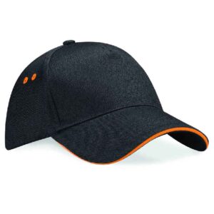 Beechfield Ultimate 5 Panel Cap with Sandwich Peak | Black/Orange