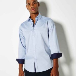 Kustom Kit Premium Long Sleeve Contrast Tailored Oxford Shirt | Light Blue/Navy