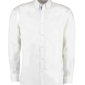 Kustom Kit Premium Long Sleeve Contrast Tailored Oxford Shirt | White/Mid Blue