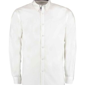 Kustom Kit Premium Long Sleeve Contrast Tailored Oxford Shirt | White/Navy