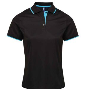 Premier Ladies Contrast Coolchecker® Piqué Polo Shirt | Black/Turquoise Blue