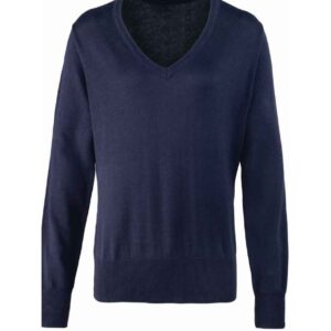 Premier Ladies Knitted Cotton Acrylic V Neck Sweater | Navy