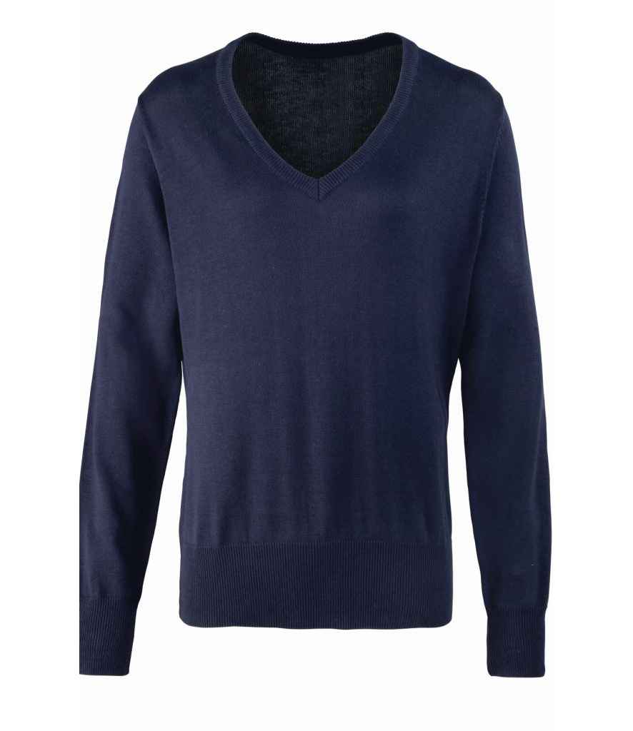 Premier Ladies Knitted Cotton Acrylic V Neck Sweater | Navy