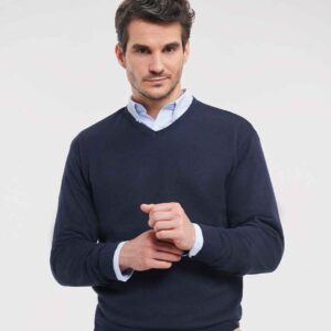 Russell Collection Cotton Acrylic V Neck Sweater | French Navy