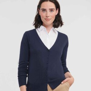Russell Collection Ladies Cotton Acrylic V Neck Cardigan | French Navy
