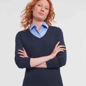 Russell Collection Ladies Cotton Acrylic V Neck Sweater | French Navy