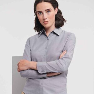 Russell Collection Ladies Long Sleeve Easy Care Oxford Shirt | Silver