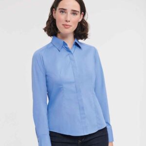 Russell Collection Ladies Long Sleeve Fitted Poplin Shirt | Corporate Blue