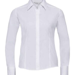 Russell Collection Ladies Long Sleeve Fitted Poplin Shirt | White
