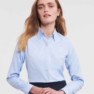 Russell Collection Ladies Long Sleeve Herringbone Shirt | Light Blue