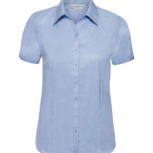 Russell Collection Ladies Short Sleeve Herringbone Shirt | Light Blue