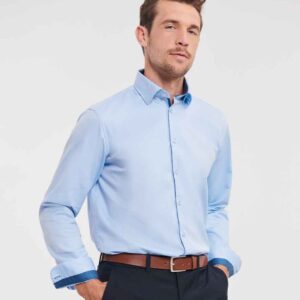 Russell Collection Long Sleeve Contrast Herringbone Shirt | Light Blue/Mid Blue