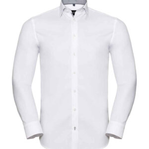 Russell Collection Long Sleeve Contrast Herringbone Shirt | White/Silver