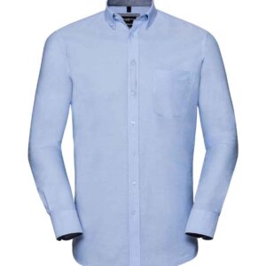 Russell Collection Tailored Long Sleeve Washed Oxford Shirt | Oxford Blue/Oxford Navy