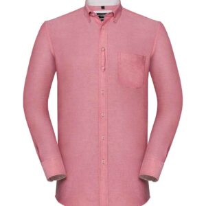 Russell Collection Tailored Long Sleeve Washed Oxford Shirt | Oxford Red/Cream