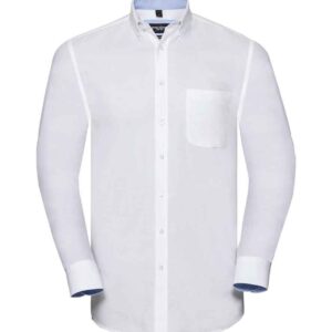 Russell Collection Tailored Long Sleeve Washed Oxford Shirt | White/Oxford Blue